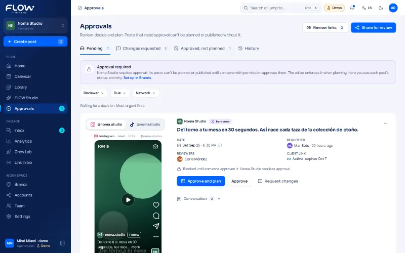 A post in review with the Approve and plan button