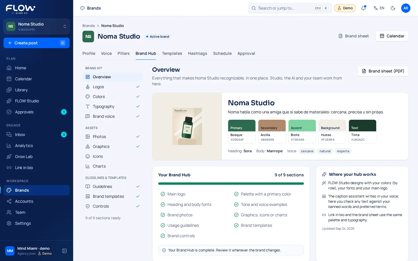 Noma Studio’s Brand Hub with its palette, fonts and brand voice