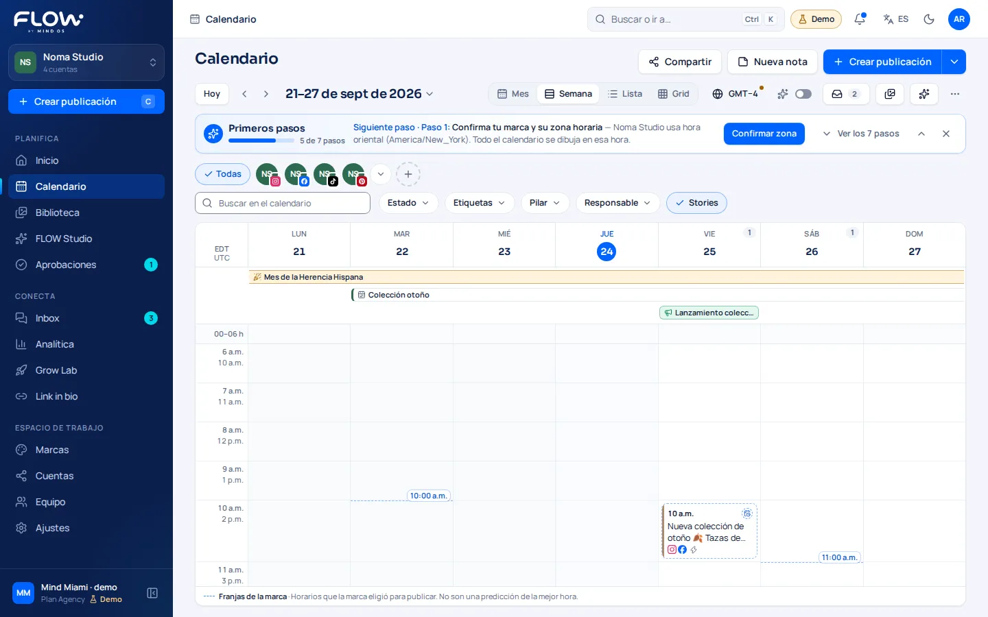 Calendario semanal de Noma Studio con una publicación el viernes a las 10 a.m.