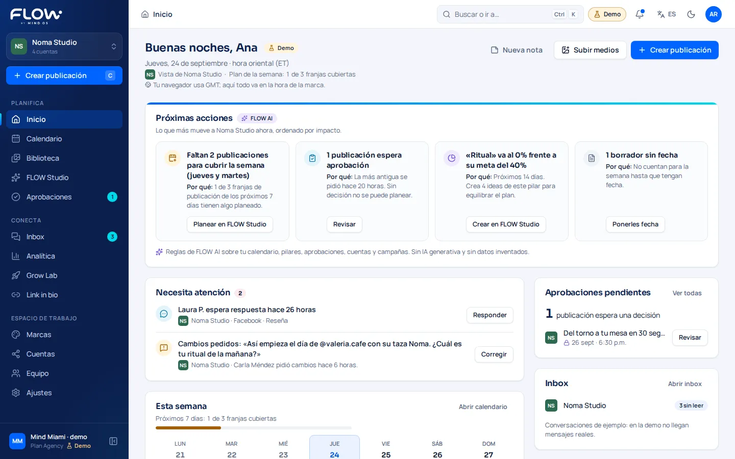 Inicio de Noma Studio con las próximas acciones que sugiere FLOW AI