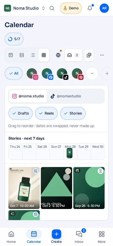 Noma Studio’s calendar with its upcoming posts