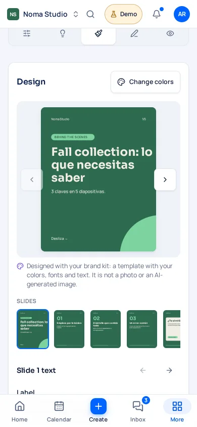 FLOW AI Studio builds a carousel in Noma Studio’s colors