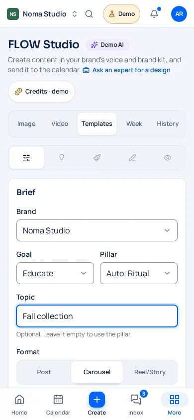 FLOW AI Studio on a phone: you type the topic “Fall collection” for Noma Studio