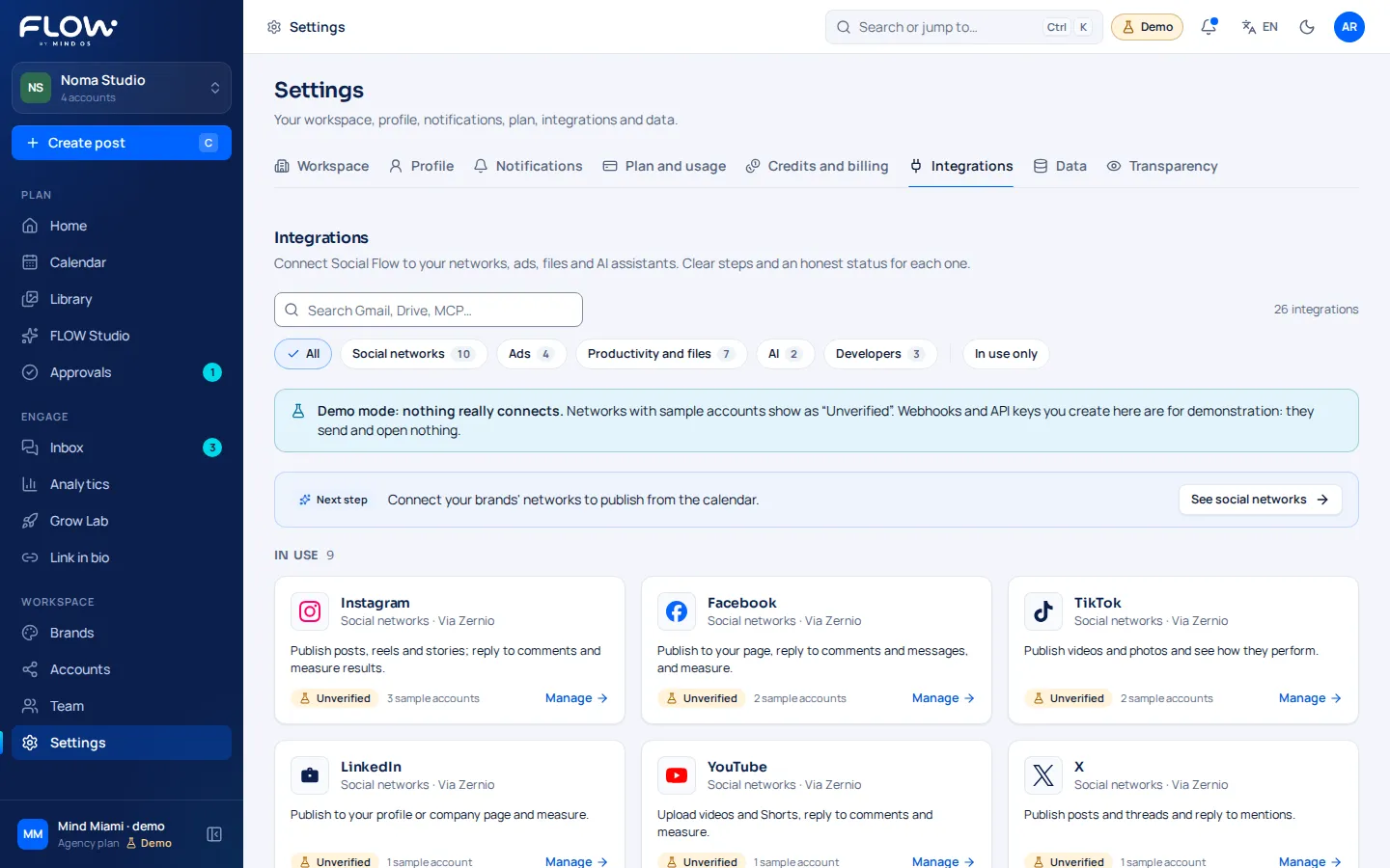 Social Flow integrations directory with Instagram, Facebook, TikTok, LinkedIn, YouTube and X