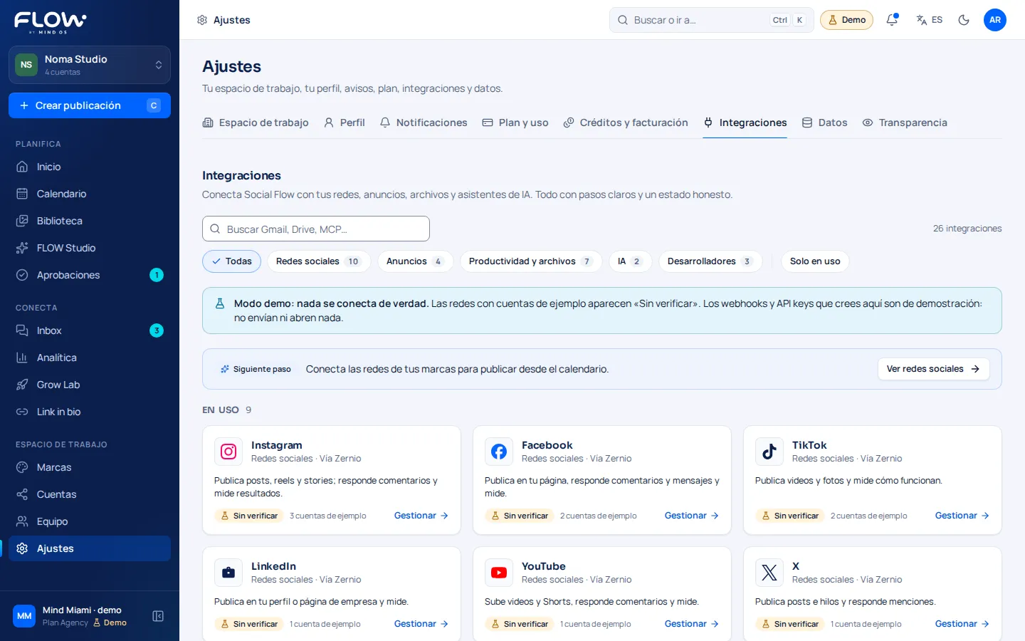 Directorio de integraciones de Social Flow con Instagram, Facebook, TikTok, LinkedIn, YouTube y X