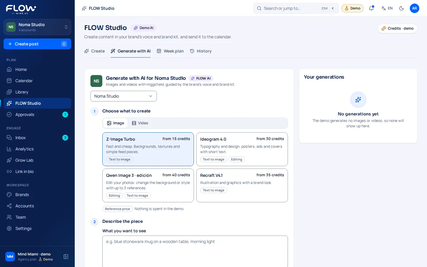 FLOW AI Studio Generate with AI tab with image models and their credit cost