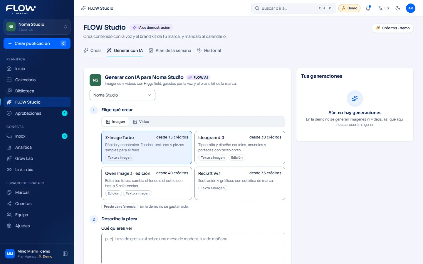 Pestaña Generar con IA de FLOW AI Studio con modelos de imagen y su coste en créditos